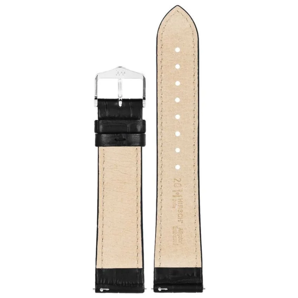 HIRSCH Duke Alligator Embossed Leather Watch Strap Black 20mm Silver Buckle | 01028250-2-20
