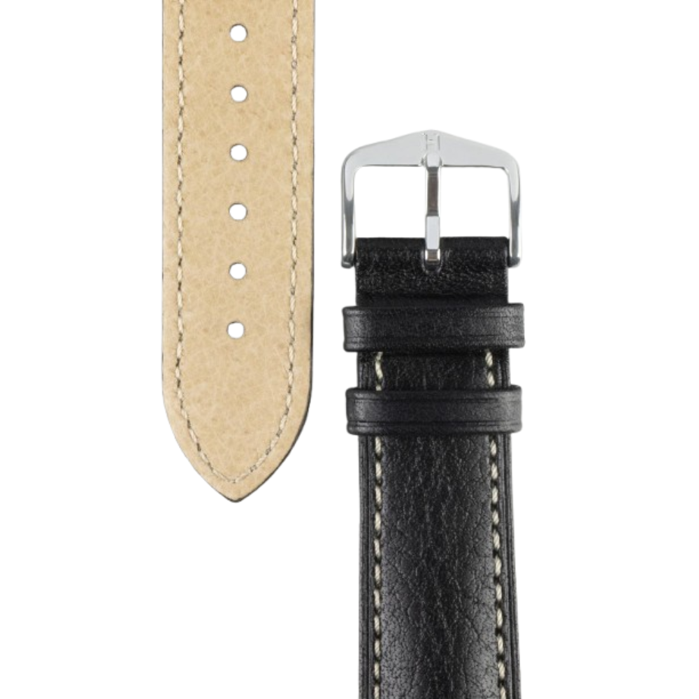 HIRSCH Boston Quick-Release Buffalo Calfskin Leather Strap Black 22mm Silver Buckle | 01302050-2-22