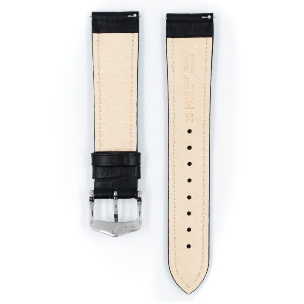 HIRSCH Modena Alligator Embossed Leather Watch Strap Black 20mm Silver Buckle | 10302850-2-20