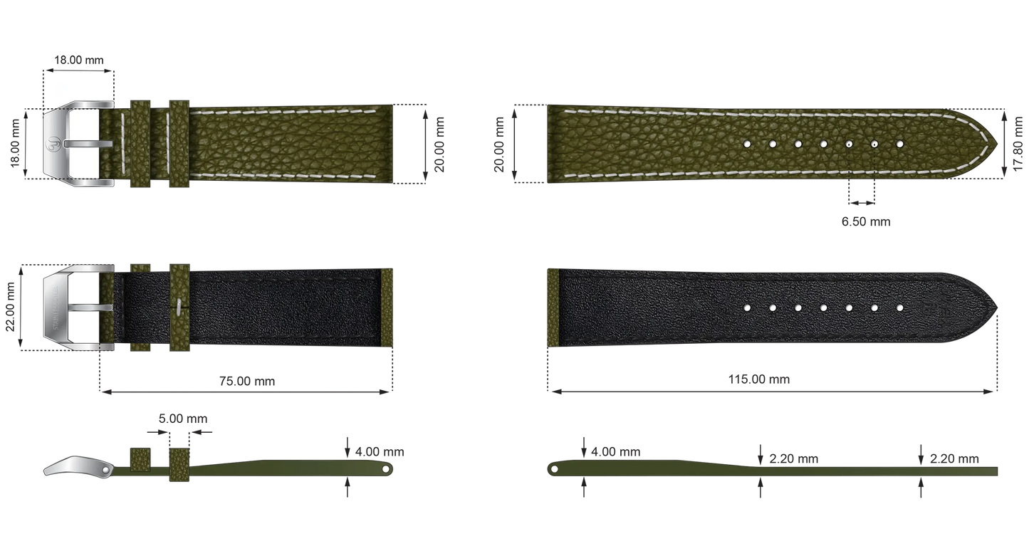 YEMA Green Textured Leather Strap 20mm | SYZ65-20-SS