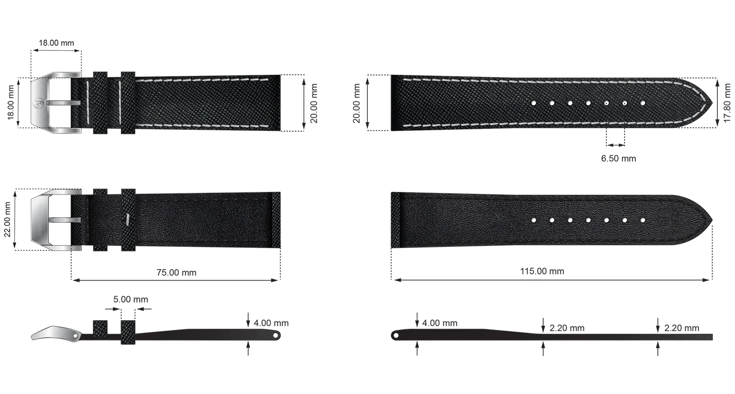 YEMA Black Textured Leather Strap 20mm | SYA64-20-SS