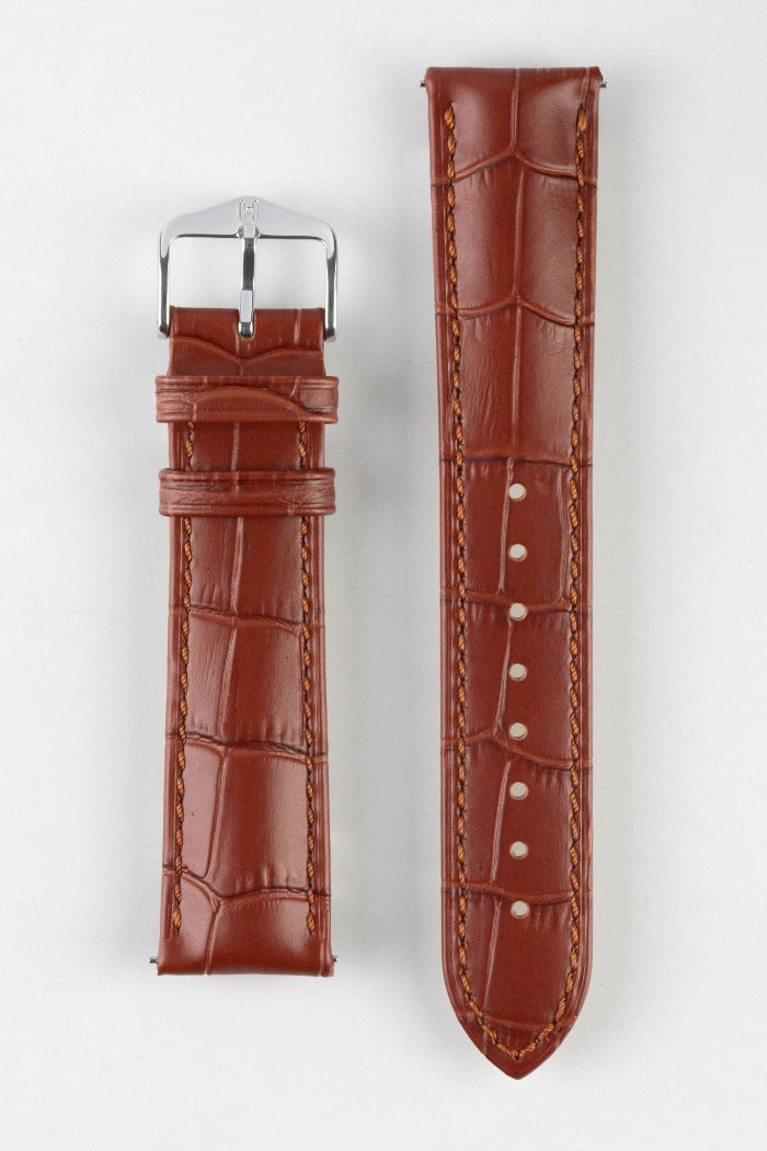 HIRSCH Duke Quick-Release Alligator Embossed Leather Strap Gold Brown 22mm Silver Buckle| 01028070-22-SB