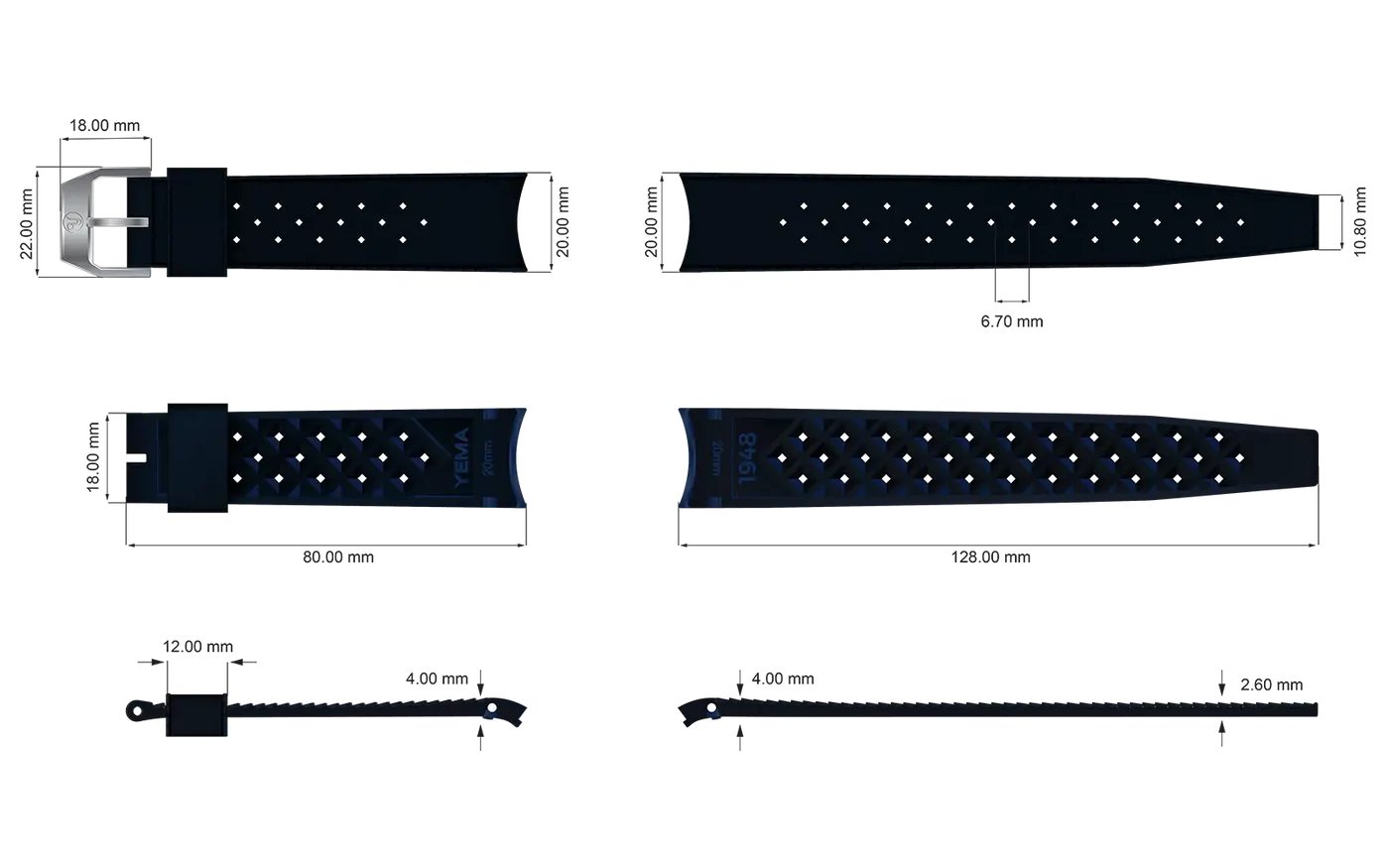 YEMA FKM Viton Tropic Integrated Blue Strap Steel Brushed 20mm Large Size | SYRUB-I-G-20XL-SB