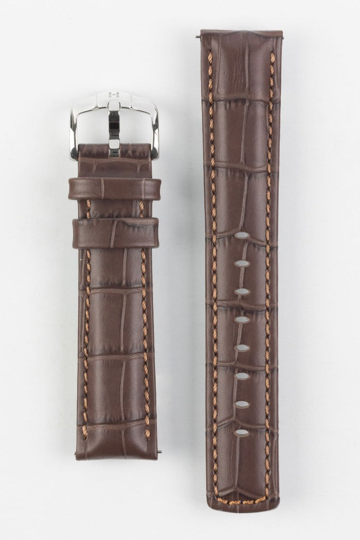 HIRSCH Grand Duke Water-Resistant Alligator Embossed Sport Strap Brown 22mm Silver Buckle| 02528010-22-SB