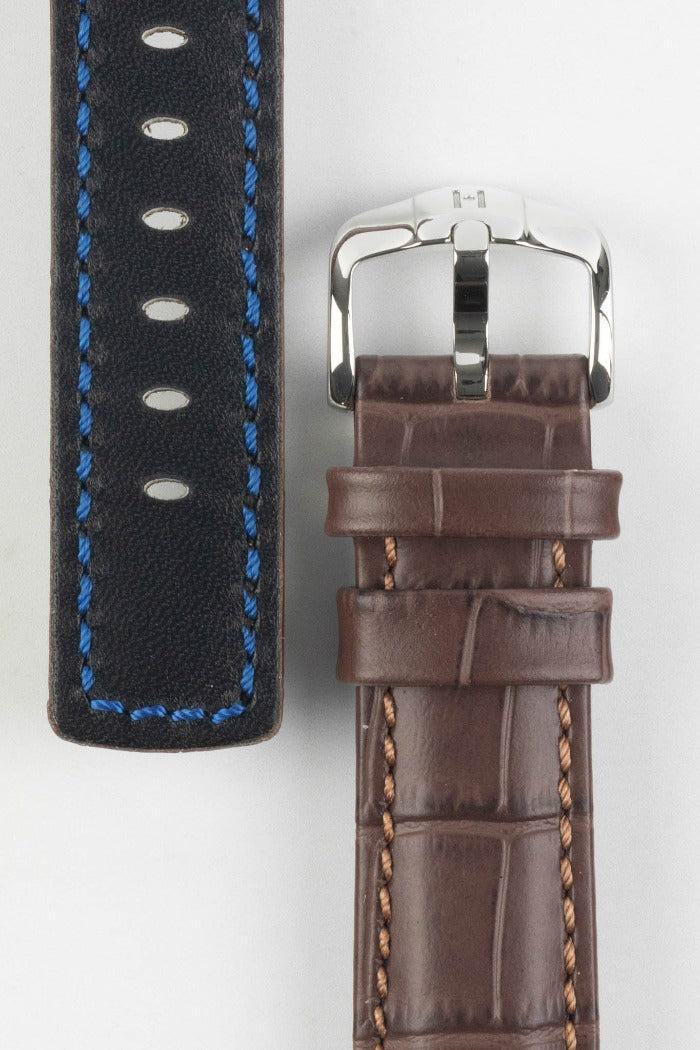 HIRSCH Grand Duke Water-Resistant Alligator Embossed Sport Strap Brown 22mm Silver Buckle| 02528010-22-SB