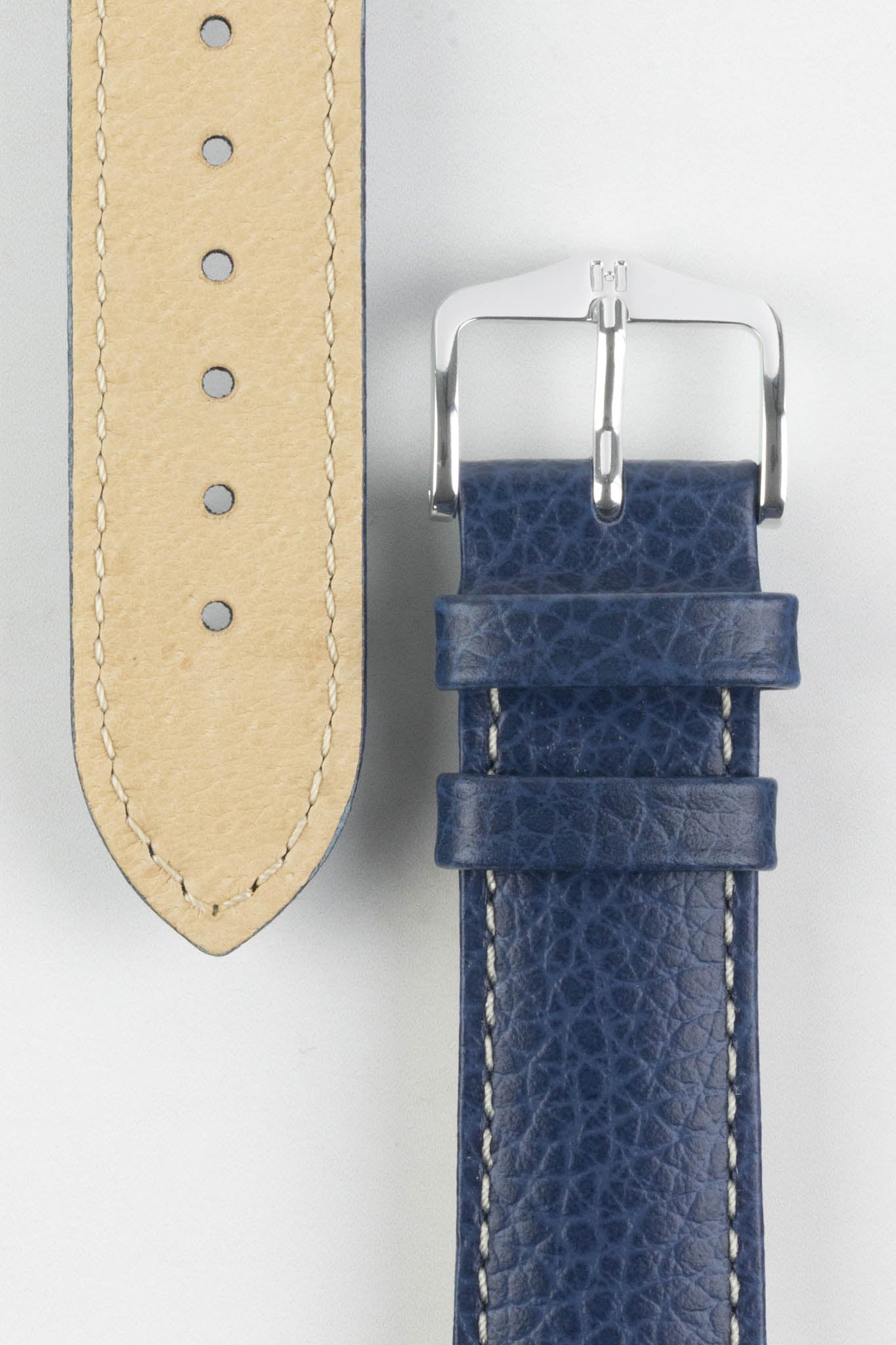 HIRSCH Kansas Buffalo-Embossed Calf Leather Watch Strap Blue with White Stitch 20mm Silver Buckle | 01502081-20-SB