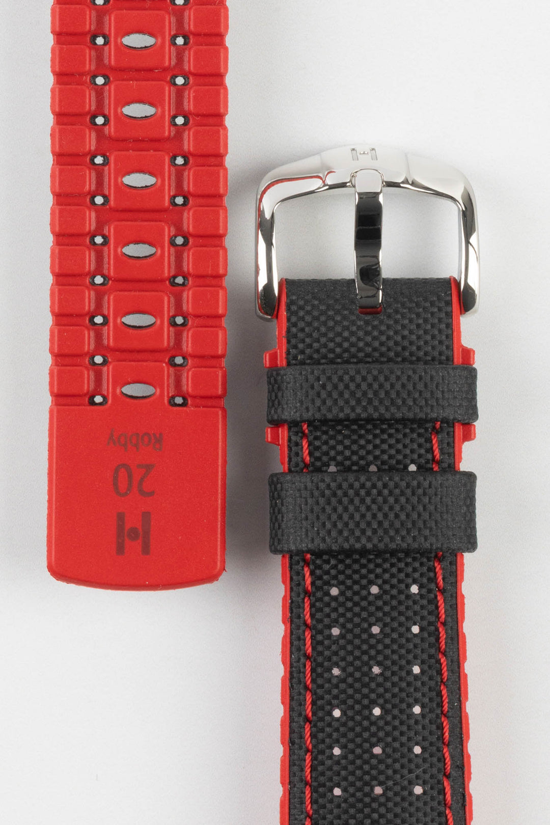 HIRSCH Robby Sailcloth Effect Performance Strap Black & Red 20mm Silver Buckle | 0912094050-20-SB