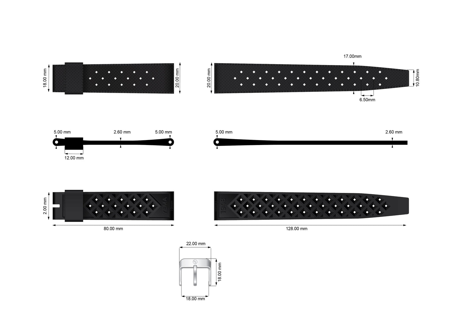 YEMA Black Tropic Dive Strap 20mm | SYSUP-TP20-SS