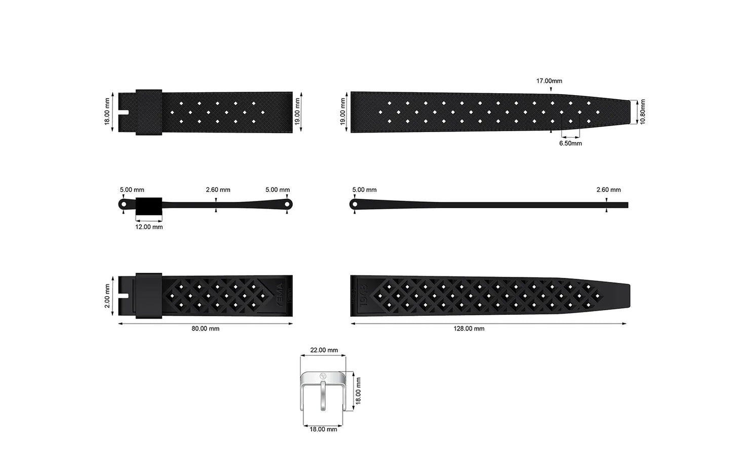 YEMA Black Tropic Dive Strap Bronze Buckel 19mm | SYSUP-TP19-BZ