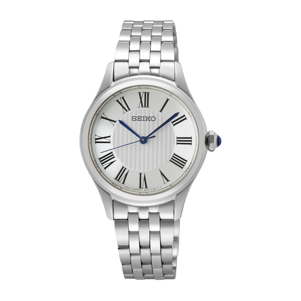 SEIKO Elegant Quartz Satin Dial Roman Numerals Blue Cabochon Ladies | SUR609