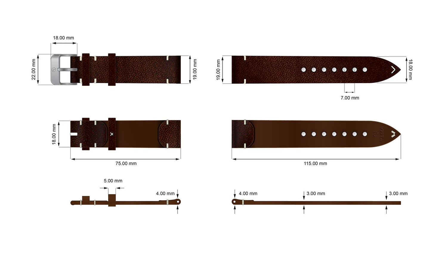 YEMA Vintage Brown Leather Strap 19mm Bronze Buckle | SYU62-19-BZ