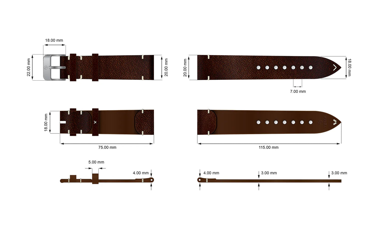 YEMA Vintage Brown Leather Strap 20mm Steel Buckle | SYU62-20-SS