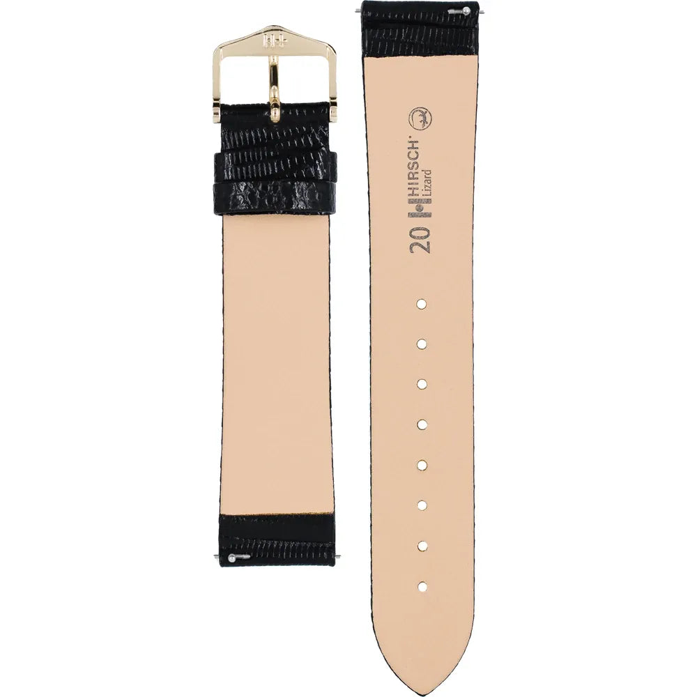 HIRSCH Lizard Black Water-Resistant Lizard Leather 20mm Gold Buckle | 01766050-1-20