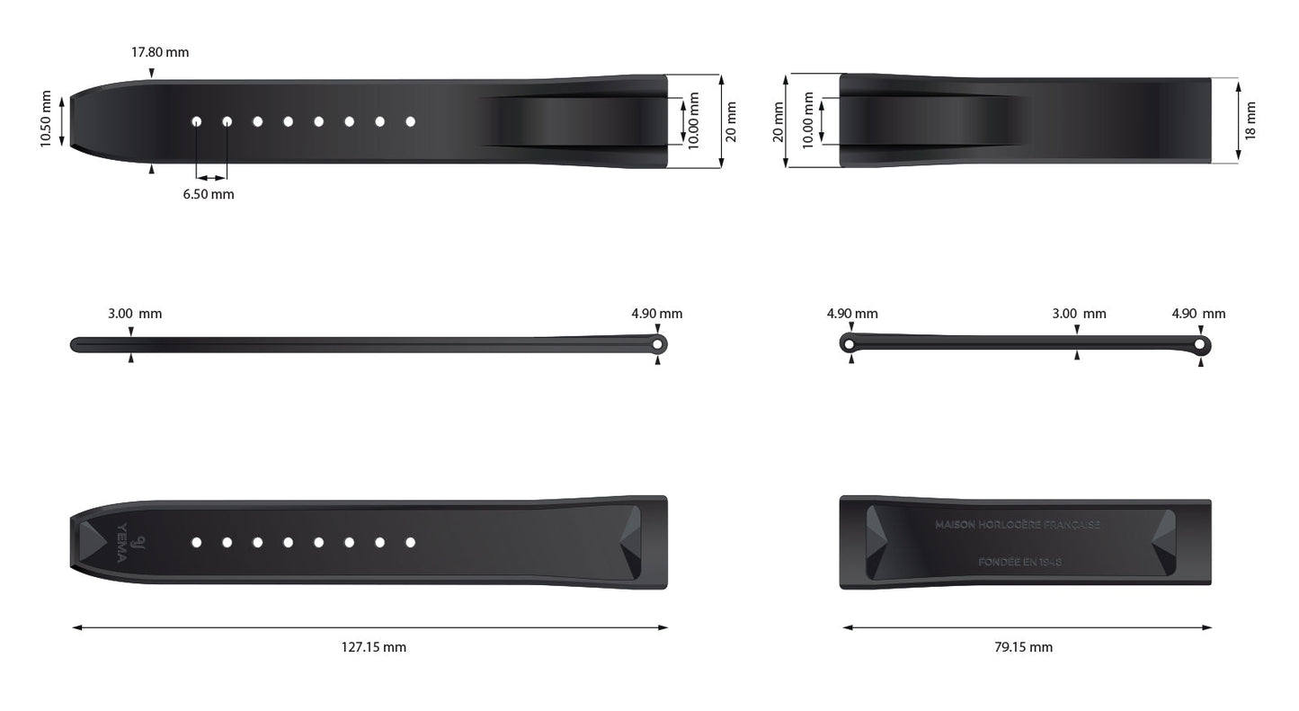 YEMA FKM Viton Rubber Strap Deployment Buckle Black 20mm | SYRUB-A-20-SS