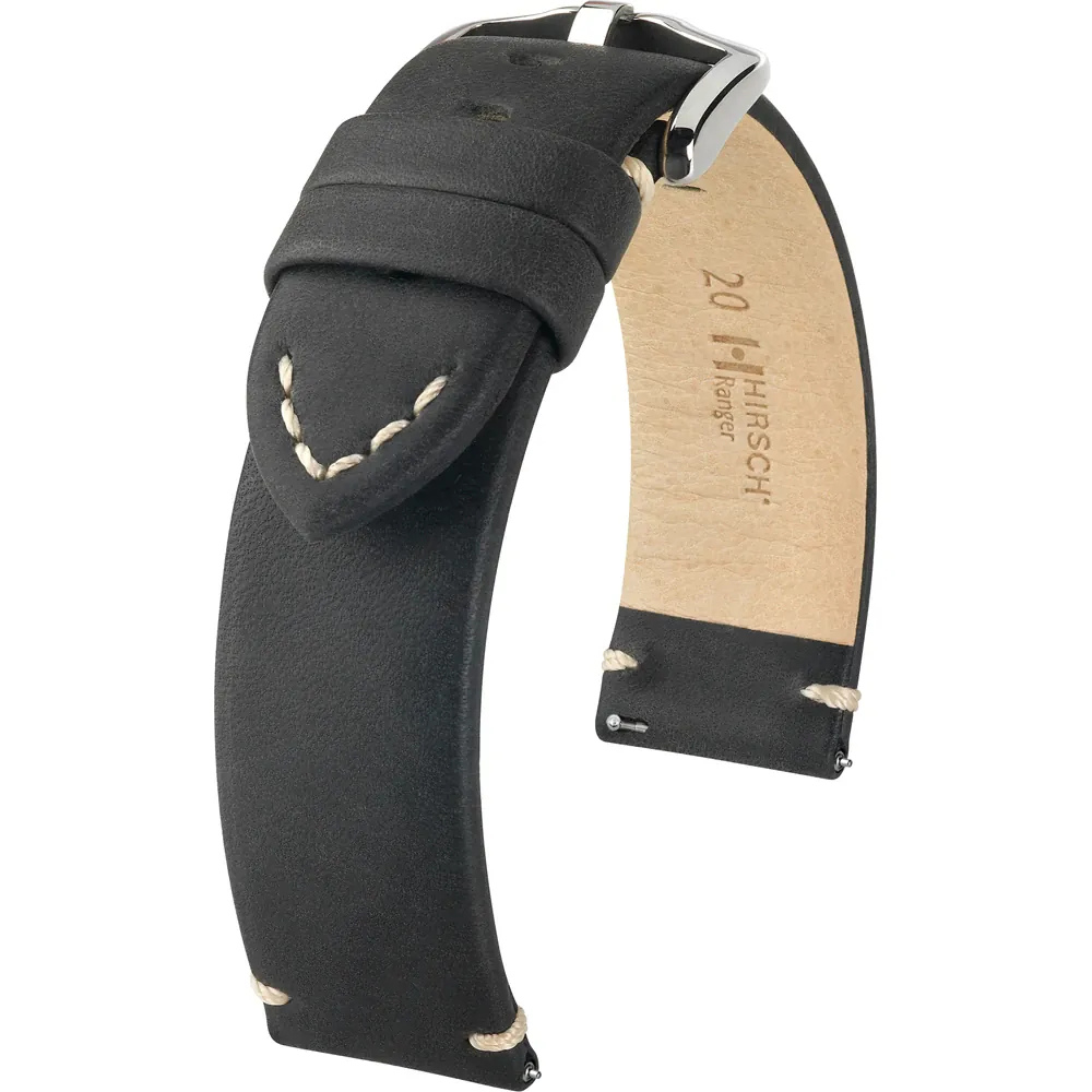 HIRSCH Ranger Retro Leather Parallel Strap Black 22mm Silver Buckle | 05402050-2-22
