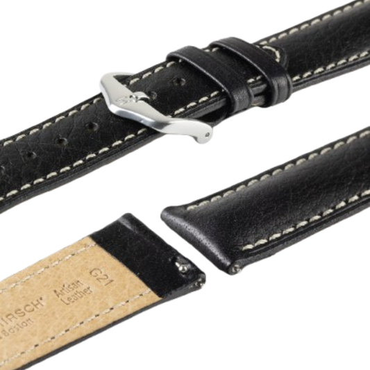 HIRSCH Boston Quick-Release Buffalo Calfskin Leather Strap Black 22mm Silver Buckle | 01302050-2-22
