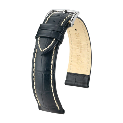 HIRSCH Modena Alligator Embossed Leather Watch Strap Black 20mm Silver Buckle  | 10302850-2-20