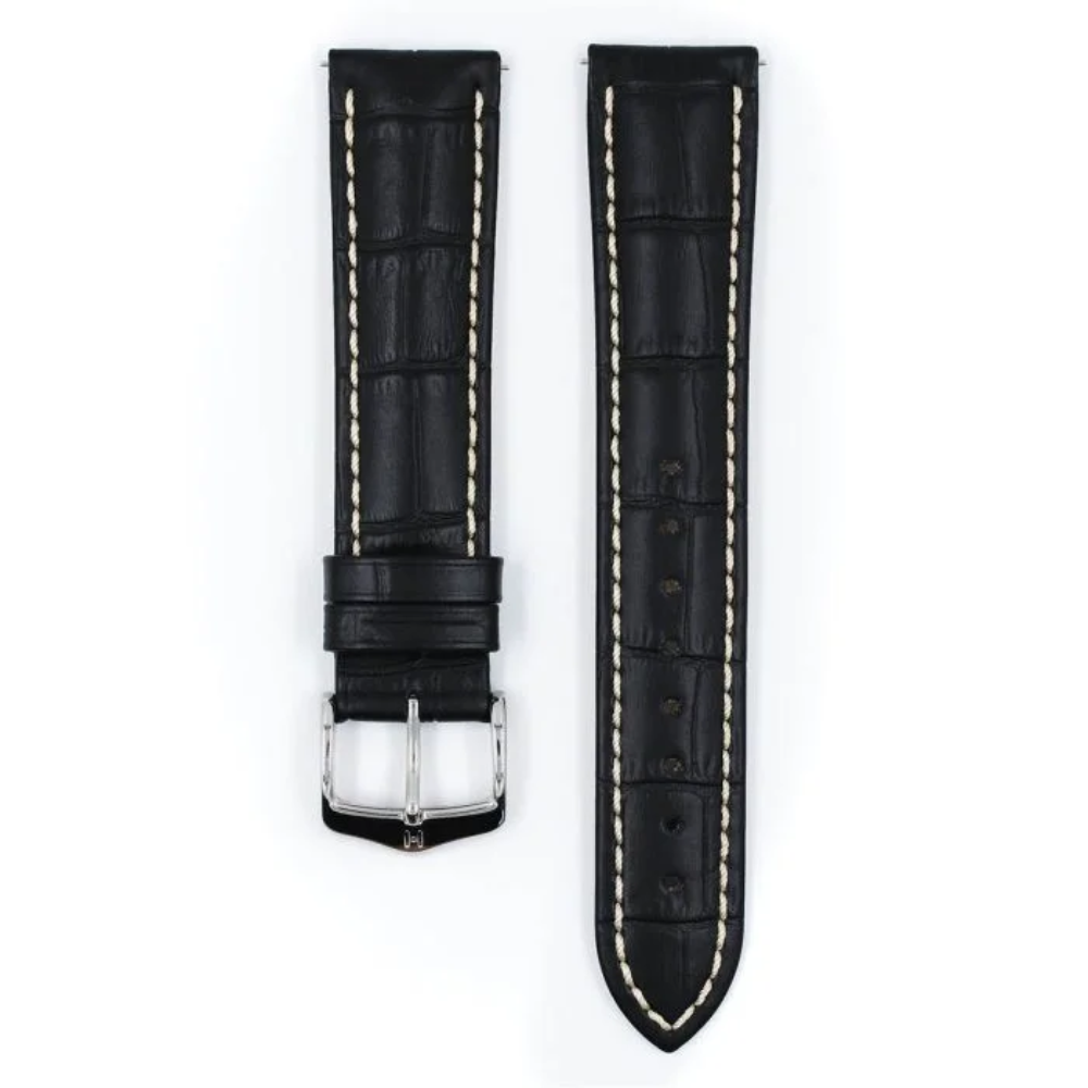 HIRSCH Modena Alligator Embossed Leather Watch Strap Black 20mm Silver Buckle  | 10302850-2-20