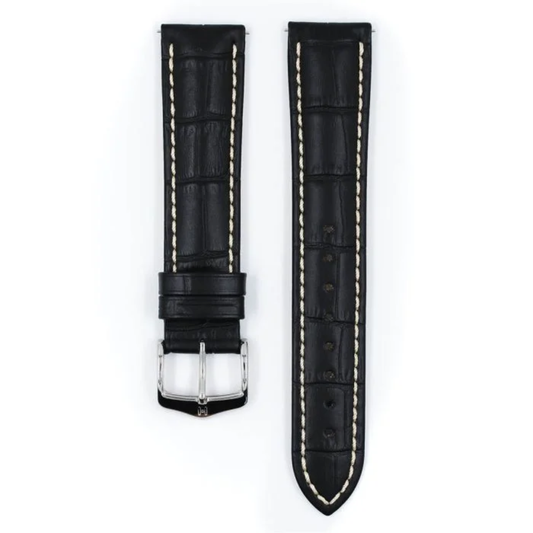 HIRSCH Modena Alligator Embossed Leather Watch Strap Black 20mm Silver Buckle  | 10302850-2-20