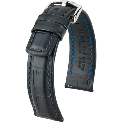 HIRSCH Grand Duke Alligator Embossed Leather Watch Strap Black 20mm Silver Buckle | 02528051-2-20