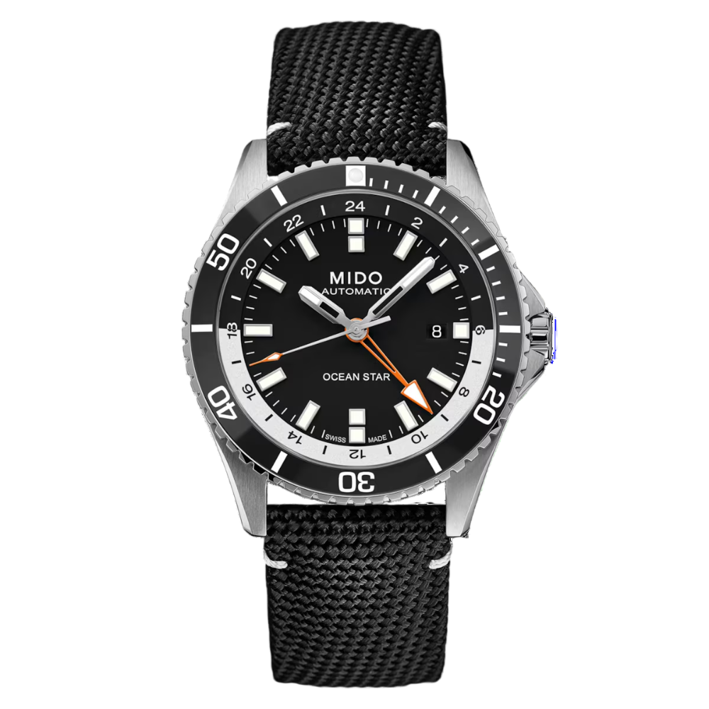 Mido Ocean Star GMT M026.629.17.051.01 black dial, orange GMT hand and black textile strap