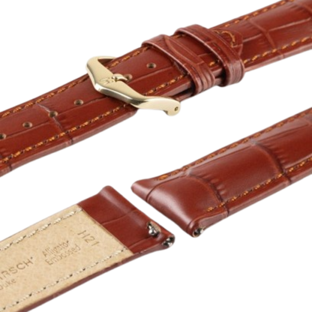 HIRSCH Duke Quick-Release Alligator Embossed Leather Strap Brown 20mm Gold Buckle | 01028070-1-20