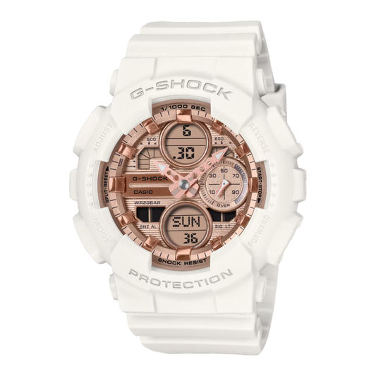 CASIO G-SHOCK ANALOG-DIGITAL Rose Gold and White Ladies | GMAS140PG-7A