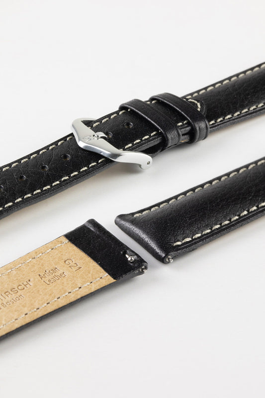 HIRSCH Boston Quick-Release Buffalo Calfskin Leather Strap Black 18mm Silver Buckle | 01302050-18-SB