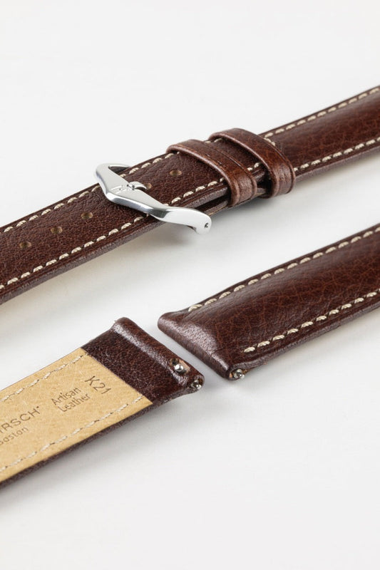 HIRSCH Boston Quick-Release Buffalo Calfskin Leather Strap Brown 20mm Silver Buckle | 01302010-2-20