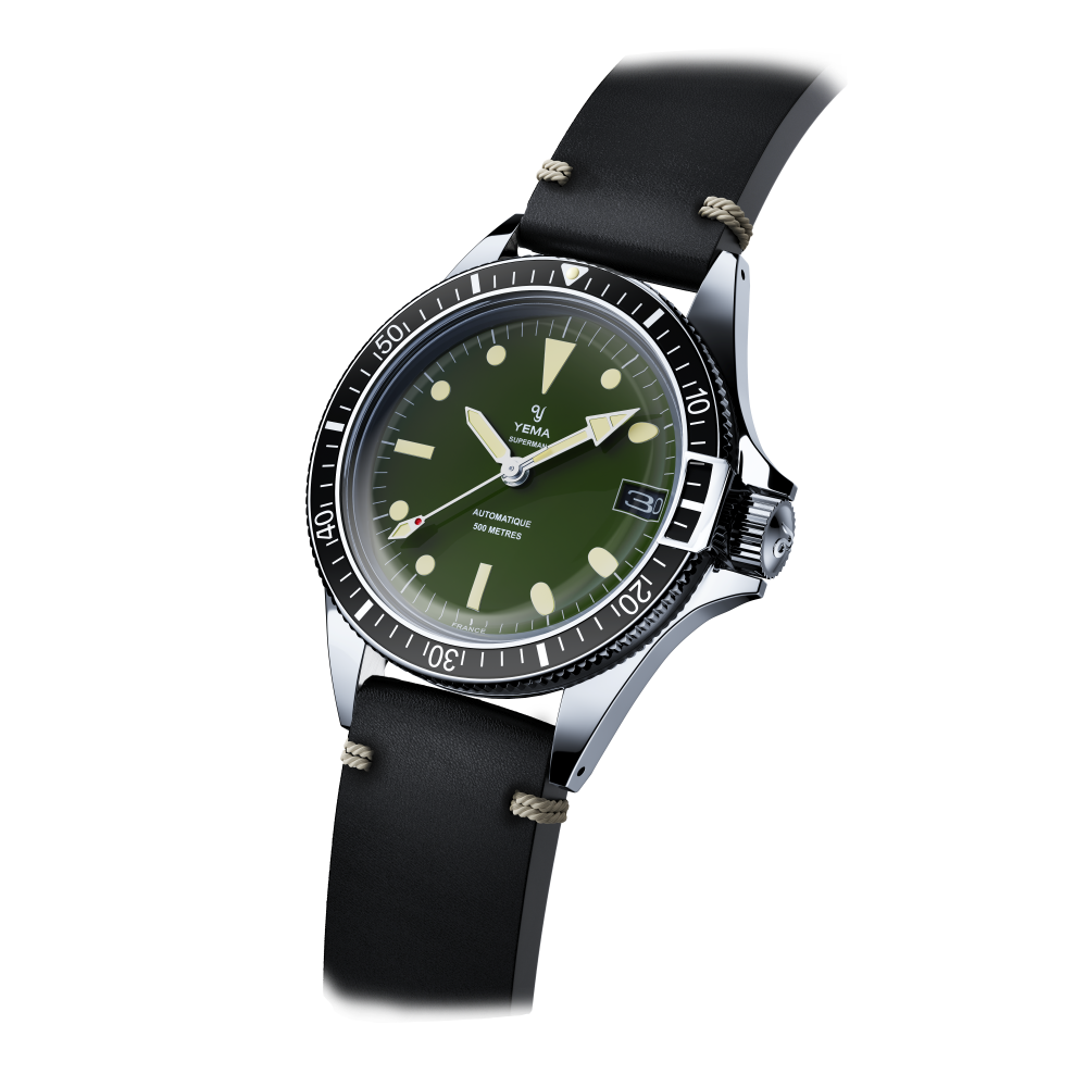 YEMA Superman 500 Dato Green Dial Vintage Black Leather 41mm | YSUP23A41-ZA62S
