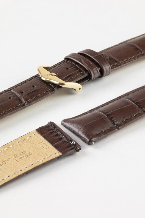 HIRSCH Duke Quick-Release Alligator Embossed Leather Strap Brown 20mm Gold Buckle | 01028110-1-20