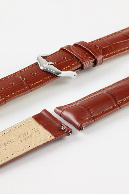 HIRSCH Duke Quick-Release Alligator Embossed Leather Strap Gold Brown 22mm Silver Buckle| 01028070-22-SB