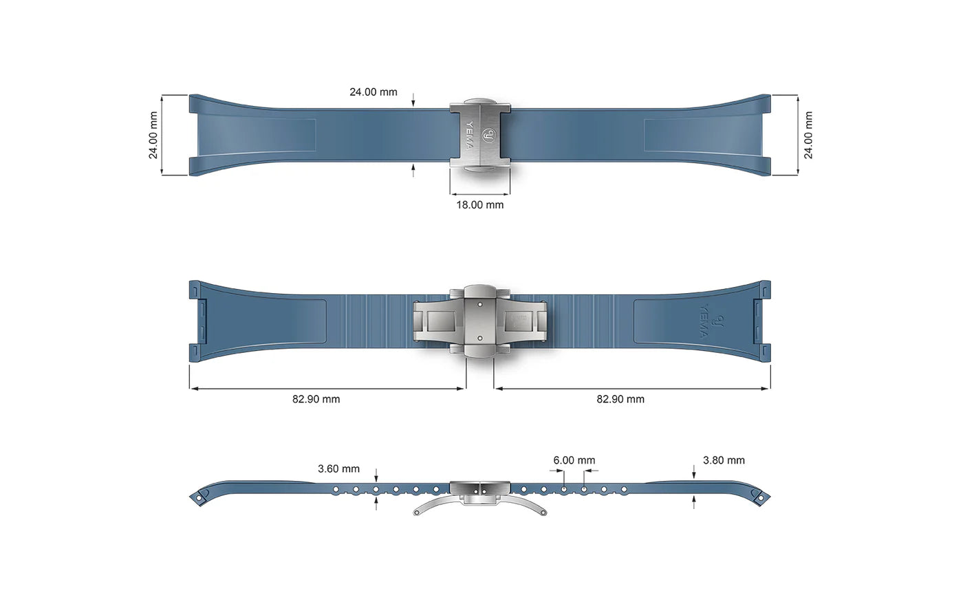 YEMA FKM Rubber Integrated Strap 24mm | SYFKM-I-G-24-SS