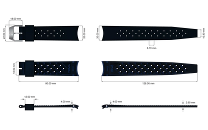 YEMA FKM Viton Tropic Integrated Blue Strap Steel Brushed 20mm Large Size | SYRUB-I-G-20XL-SB