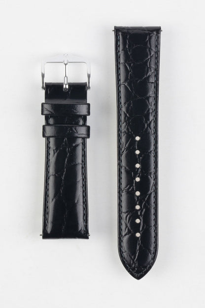 HIRSCH Crocograin Crocodile Embossed Leather Strap Black 22mm Silver Buckle | 12322850-22-SB