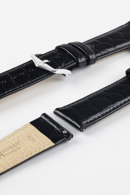 HIRSCH Crocograin Crocodile Embossed Leather Strap Black 22mm Silver Buckle | 12322850-22-SB