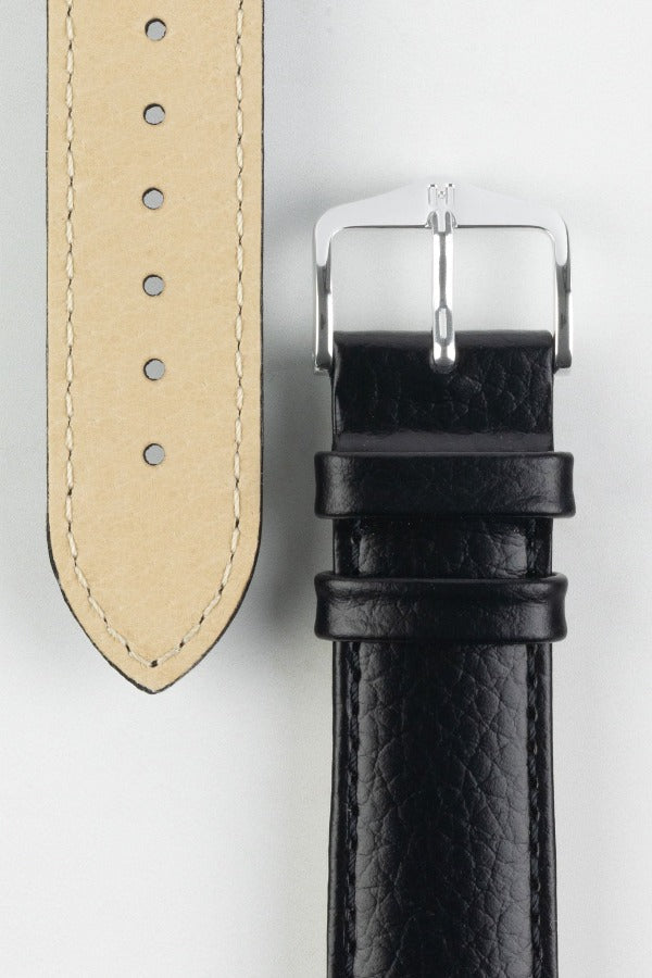 HIRSCH Kansas Buffalo Calfskin Leather Strap Black 22mm Silver Buckle | 01502150-22-SB