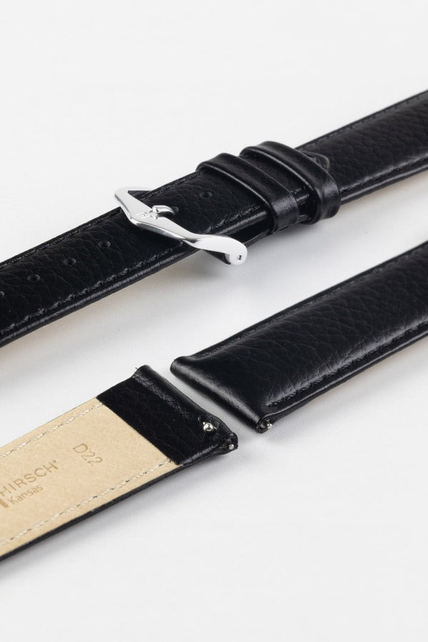 HIRSCH Kansas Buffalo Calfskin Leather Strap Black 22mm Silver Buckle | 01502150-22-SB