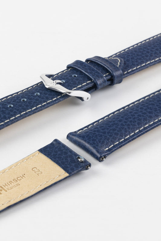 Hirsch KANSAS Buffalo-Embossed Calf Leather Watch Strap BLUE with White Stitch 20mm Silver Buckle | 01502081-20-SB