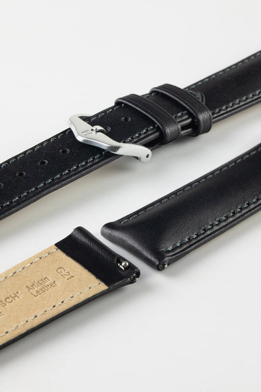 HIRSCH Kent Textured Natural Leather Strap Black 22mm Silver Buckle | 01002050-22-SB