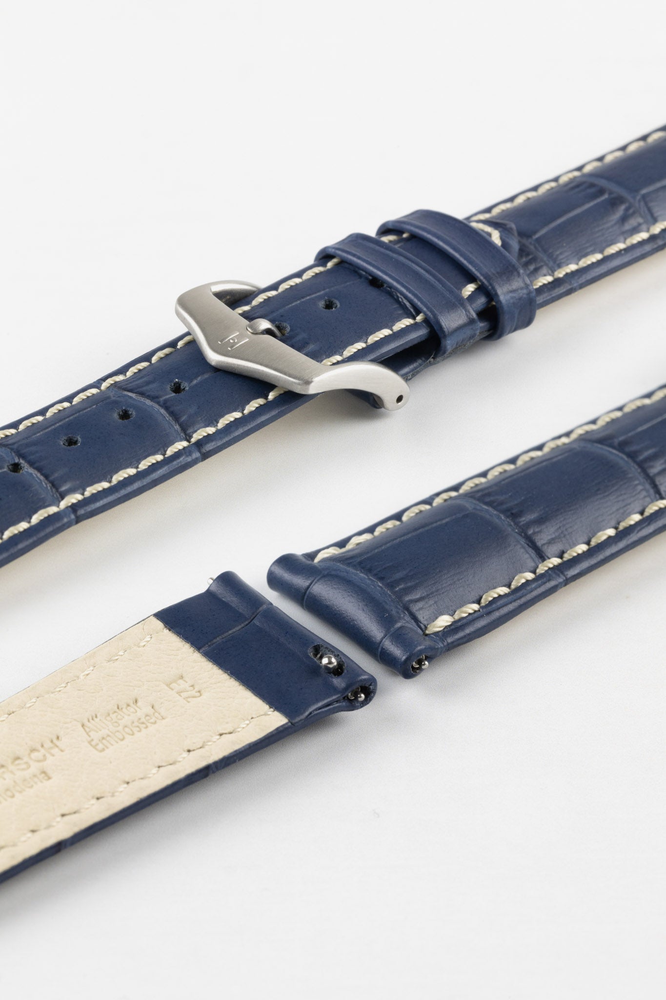 HIRSCH Modena Alligator Embossed Leather Strap Blue 19mm Brushed Buckle | 10302880-19-BR