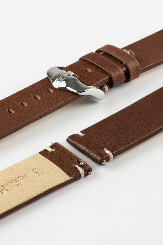HIRSCH Ranger Retro Leather Parallel Strap Gold Brown 20mm Silver Buckle  | 05402070-20-SB