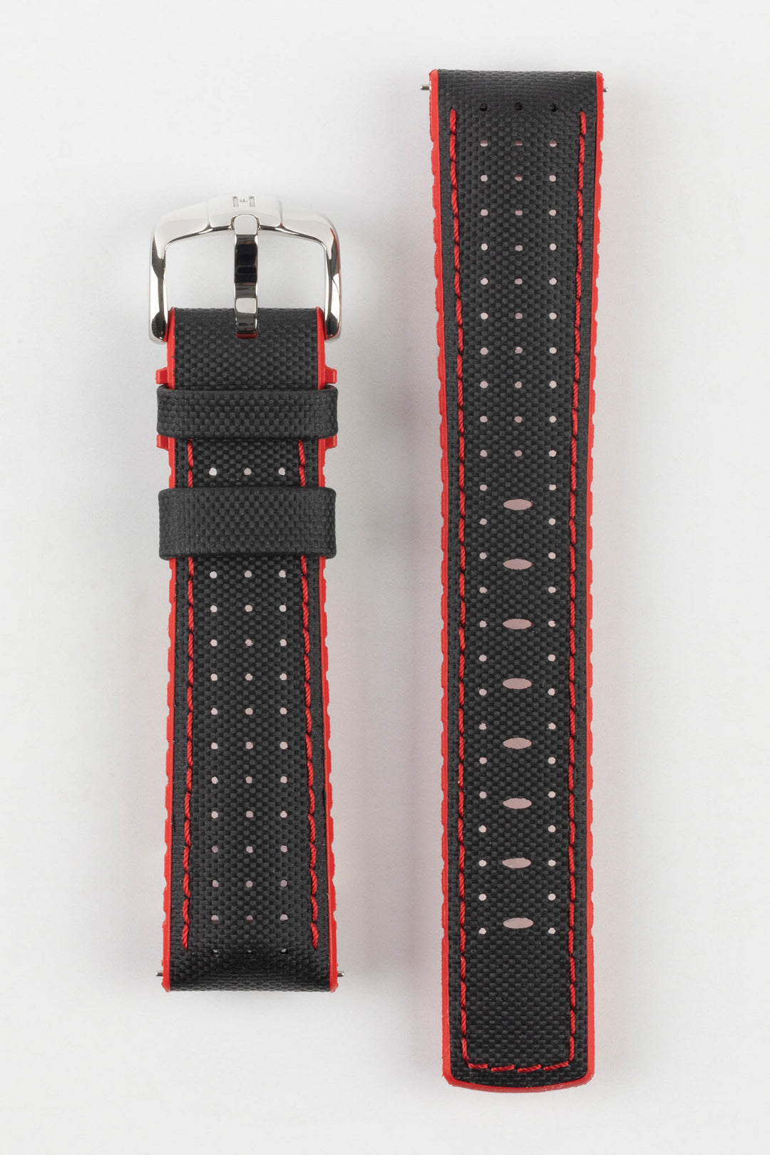 HIRSCH Robby Sailcloth Effect Performance Strap Black & Red 20mm Silver Buckle | 0912094050-20-SB