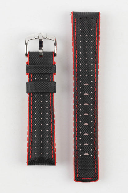 HIRSCH Robby Sailcloth Effect Performance Strap Black & Red 20mm Silver Buckle | 0912094050-20-SB