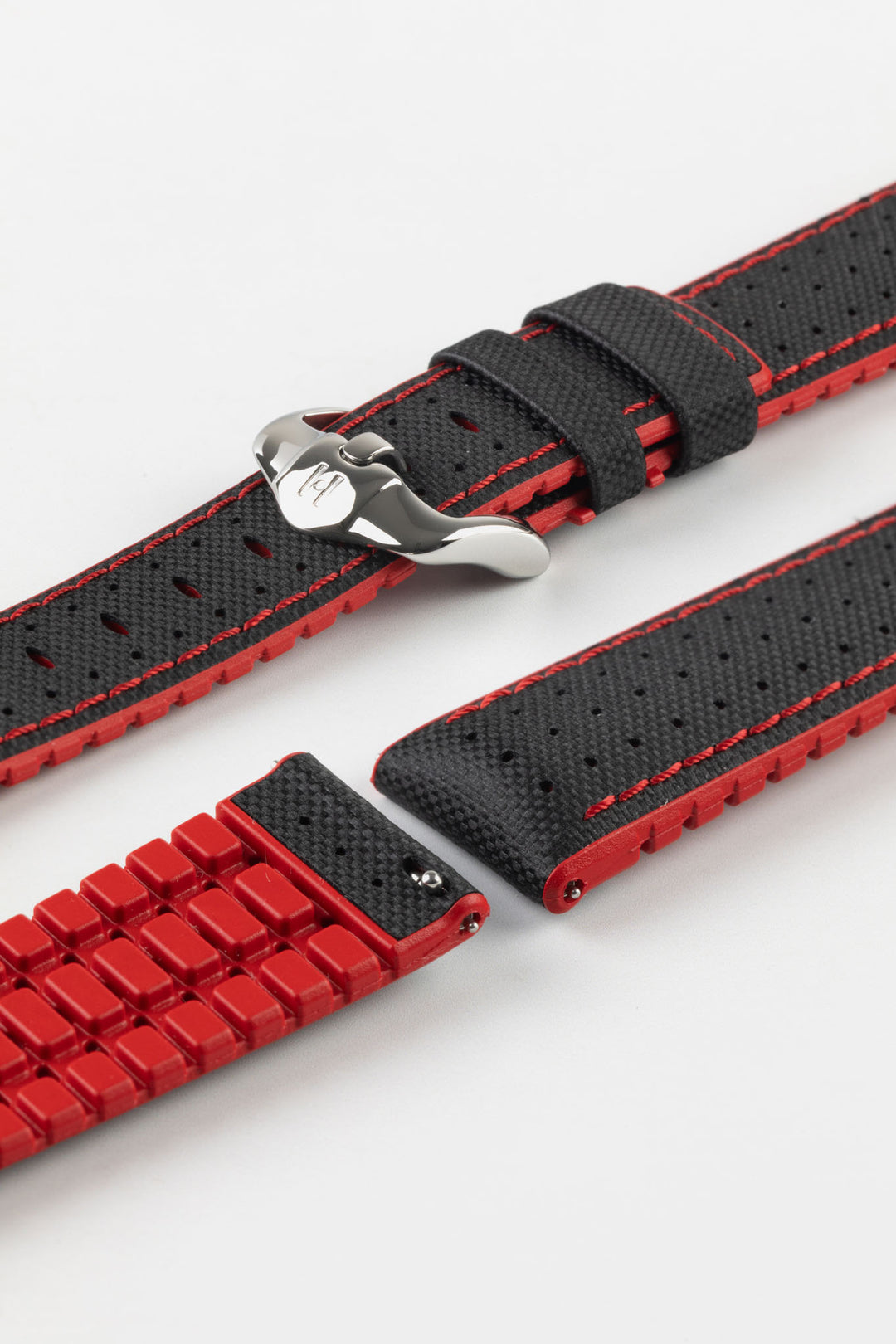 HIRSCH Robby Sailcloth Effect Performance Strap Black & Red 20mm Silver Buckle | 0912094050-20-SB