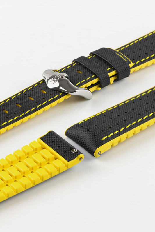 HIRSCH Robby Sailcloth Effect Performance Strap Black & Yellow 20mm Silver Buckle | 0917294050-20-SB