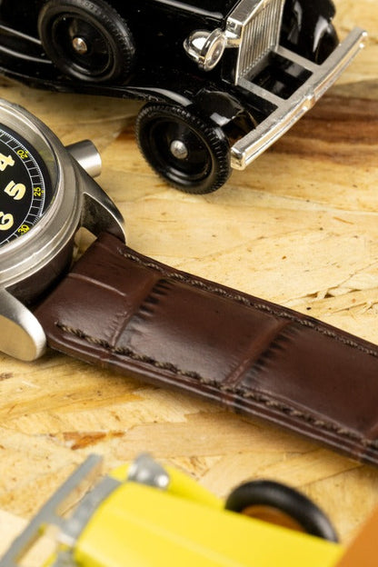 HIRSCH Duke Quick-Release Alligator Embossed Leather Strap Brown 20mm Gold Buckle | 01028010-20-GB