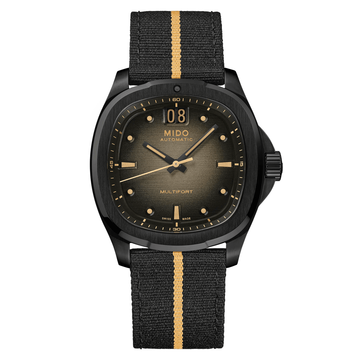 MIDO Multifort TV Big Date Black PVD Grey Dial M049.526.36.081.00 front with extra strap