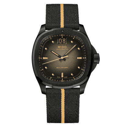 MIDO Multifort TV Big Date Black PVD Grey Dial M049.526.36.081.00 front with extra strap