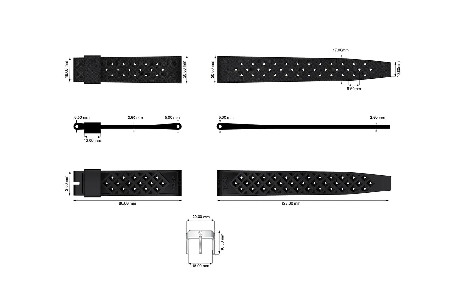 YEMA Black Tropic Dive Strap Bronze Buckel 20mm | SYSUP-TP20-BZ